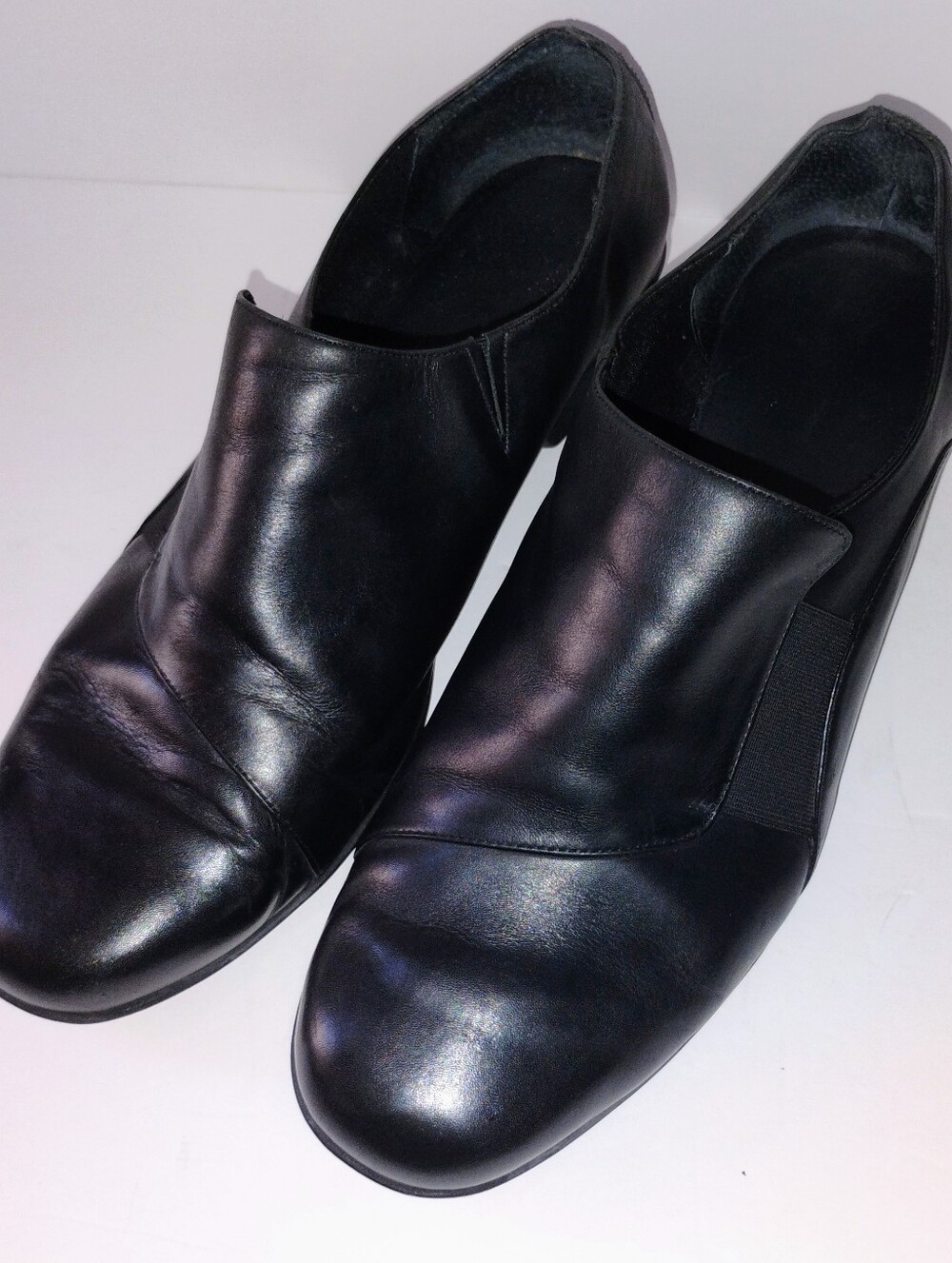 Walking Cradles Women’s Black Leather Slip-On Wedge Heels Stretch Comfort. 13W